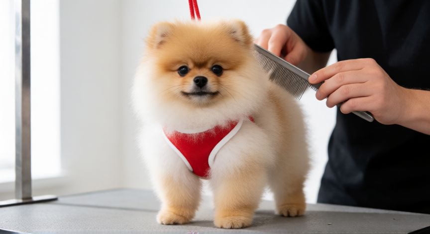 cuidados com cachorro lulu da pomerania, Cachorro Pomerania siendo cepillado en mesa de peluquería