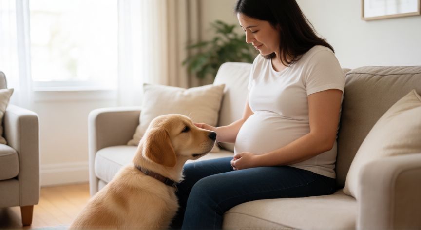 cuidados com cachorro na gravidez, Gestante interactuando suavemente con un cachorro en el salón de su hogar