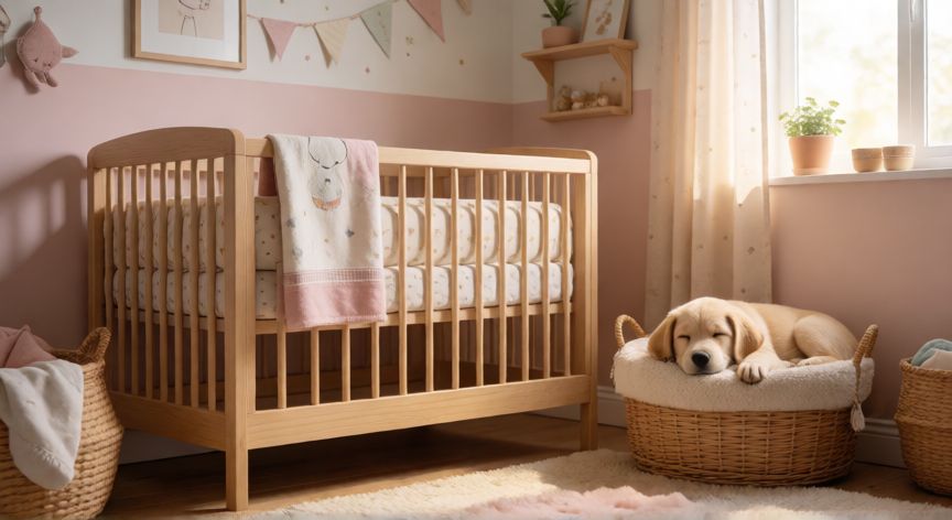 cuidados com cachorro na gravidez, Cachorro descansando en una cesta separada en una habitación infantil segura