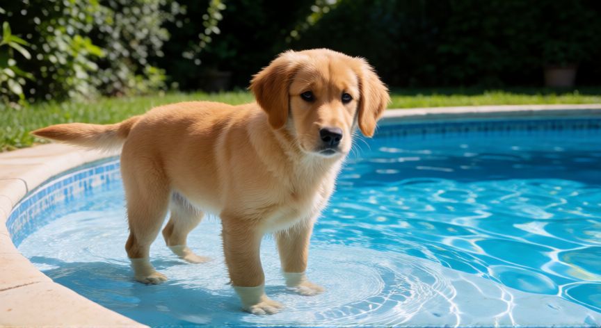 cuidados com cachorro na piscina, Cachorro de pastor alemán en la piscina buscando nadar