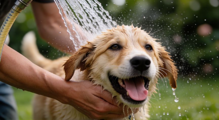 cuidados com cachorro na piscina, Propietario enjuagando a su cachorro con agua dulce después de la piscina