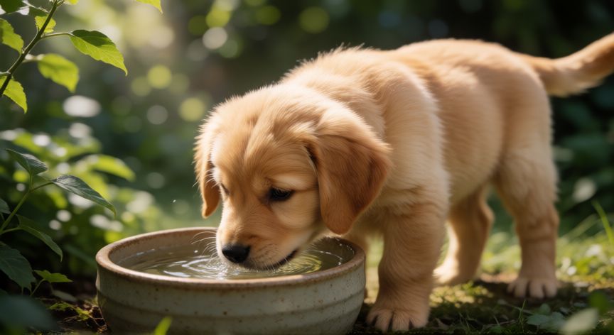 cuidados com cachorro no calor, Cachorro bebiendo agua fresca en un jardín sombreado