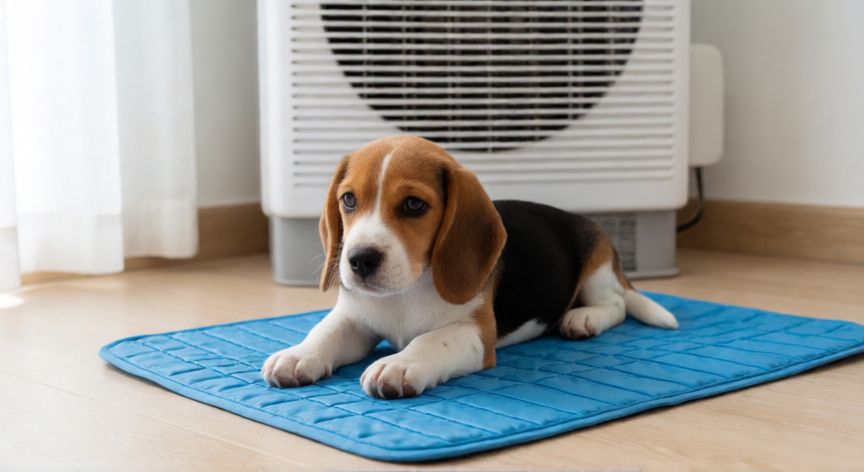 cuidados com cachorro no calor, Perro pequeño descansando en una alfombrilla de enfriamiento en el interior