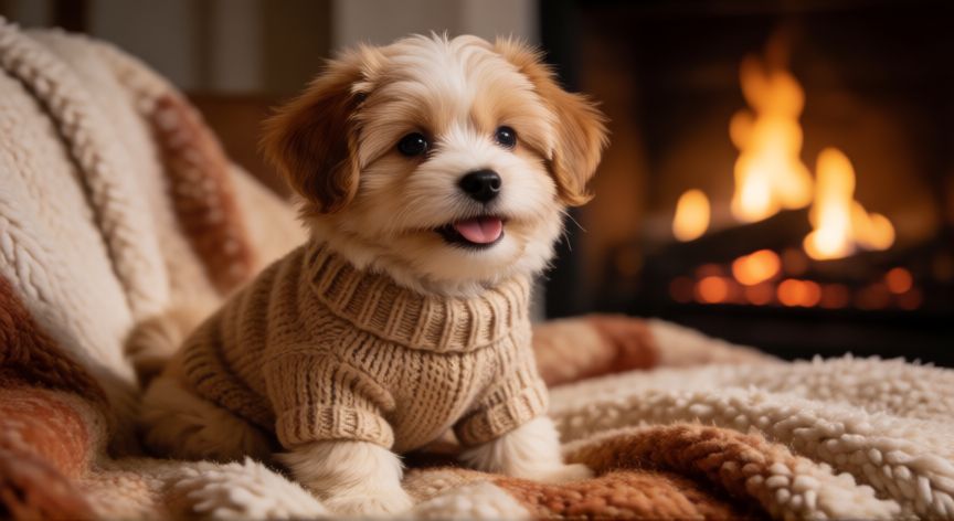cuidados com cachorro no frio, Cachorro abrigado con suéter en casa cerca de la chimenea