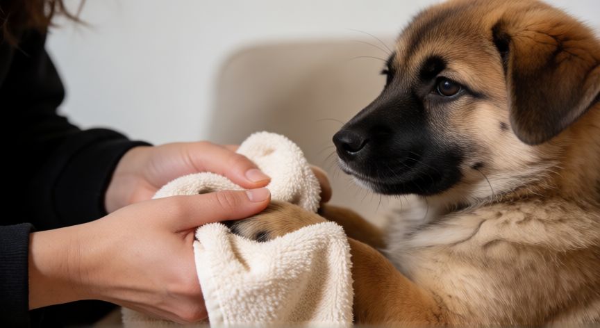 cuidados com cachorro no frio, Dueño secando las patas de un cachorro después de pasear en invierno