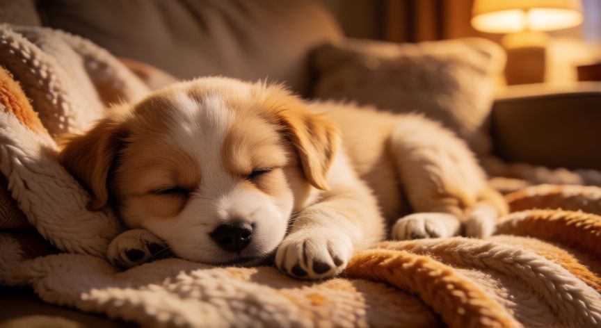 cuidados com cachorro no inverno, Cachorro durmiendo en su cama cálida durante el invierno