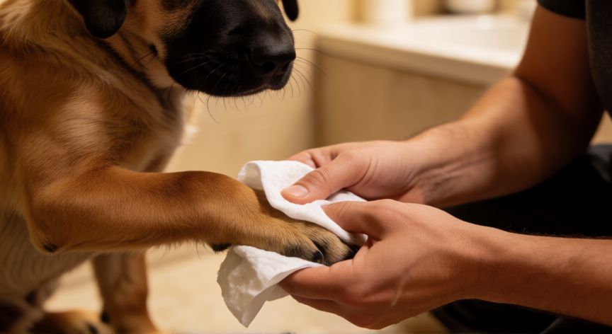 cuidados com cachorro no inverno, Persona limpiando las patas de un cachorro con toallita húmeda