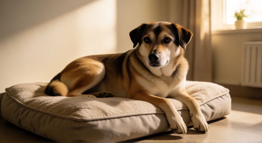 cuidados com cachorro que teve avc, Cachorro em repouso em cama ortopédica após AVC