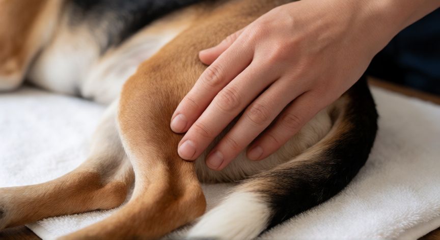 cuidados com cachorro que teve avc, Massagem terapêutica nas pernas de um cão para reabilitação