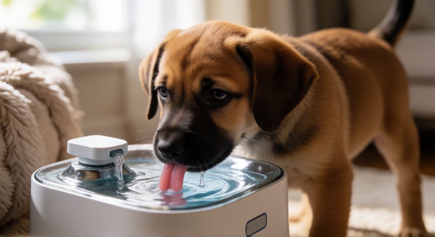 cuidados com cachorro renal, Cachorro bebiendo agua de una fuente para mascotas en casa