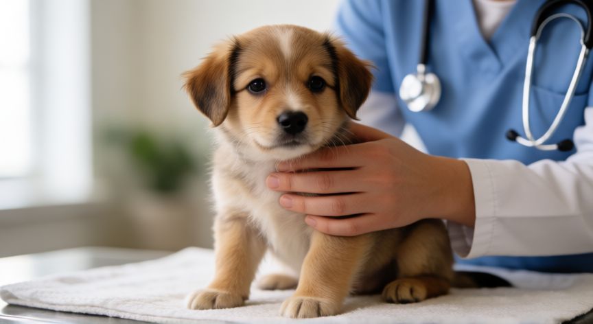 cuidados com cachorro renal, Veterinario examinando a un cachorro en una clínica