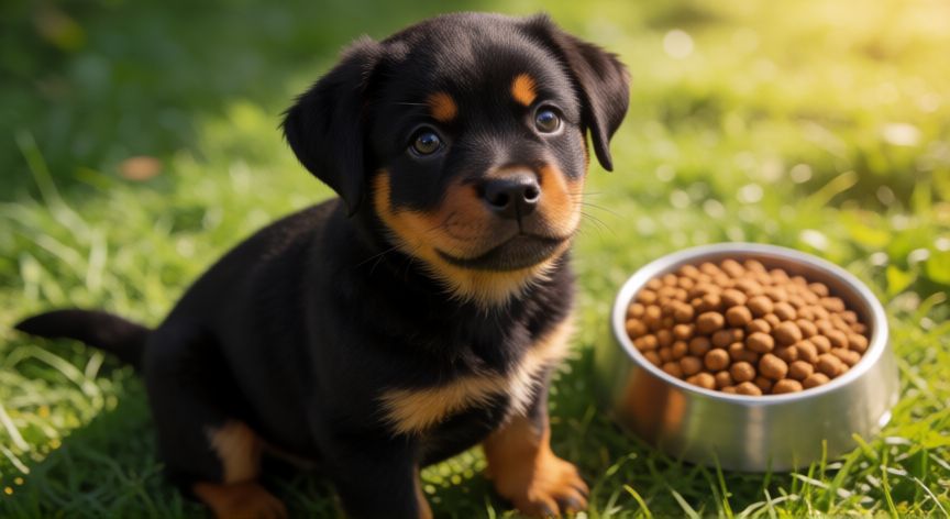 cuidados com cachorro rottweiler filhote, Filhote de Rottweiler em parque com racao para cachorros grandes