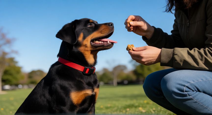 cuidados com cachorro rottweiler filhote, Treinamento de filhote de Rottweiler com recompensas em parque