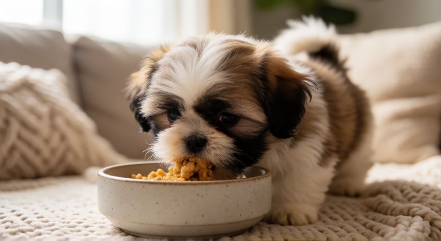 cuidados com cachorro shih tzu, Cachorro Shih Tzu tomando su alimento en un cuenco