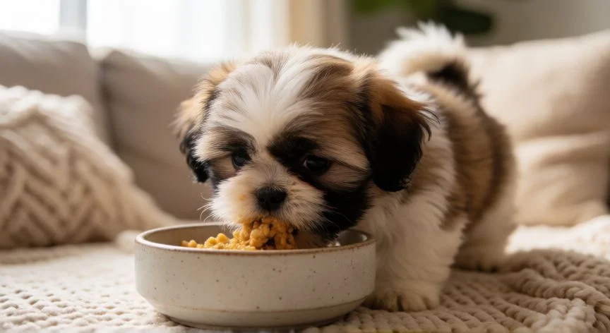 Cachorro Shih Tzu tomando su alimento en un cuenco