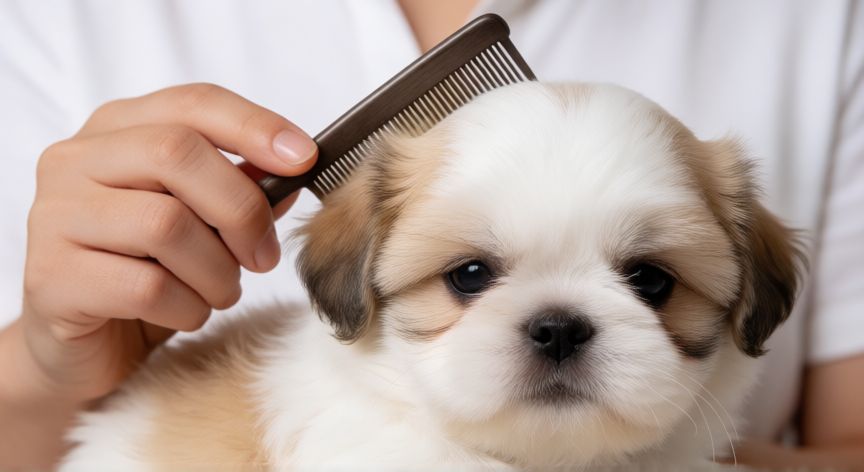 cuidados com cachorro shih tzu, Cepillado del pelo de un cachorro Shih Tzu con peine
