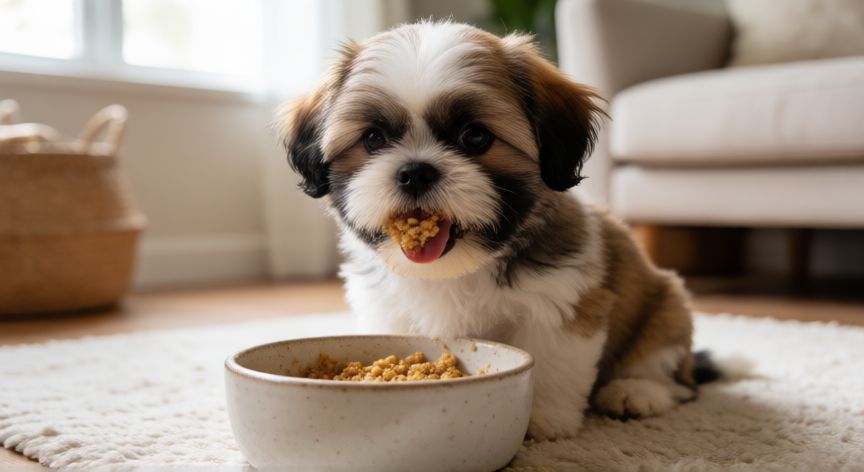 cuidados com cachorro shih tzu filhote, Cachorro Shih Tzu comiendo de su plato en un salón luminoso