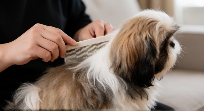cuidados com cachorro shih tzu filhote, Persona cepillando el largo pelaje de un cachorro Shih Tzu con cuidado