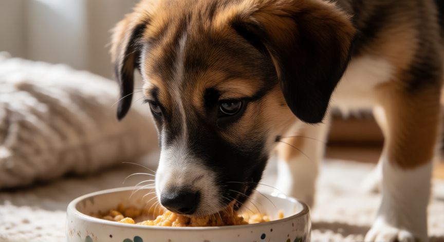 cuidados com cachorro vira lata, Cachorro vira lata comiendo de su plato con ganas