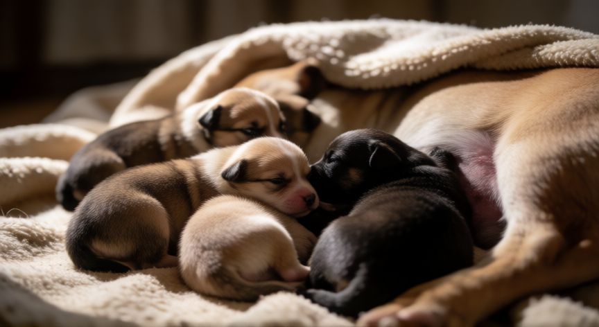 cuidados com filhote de cachorro recem nascido, Cachorros recién nacidos durmiendo juntos y amamantándose