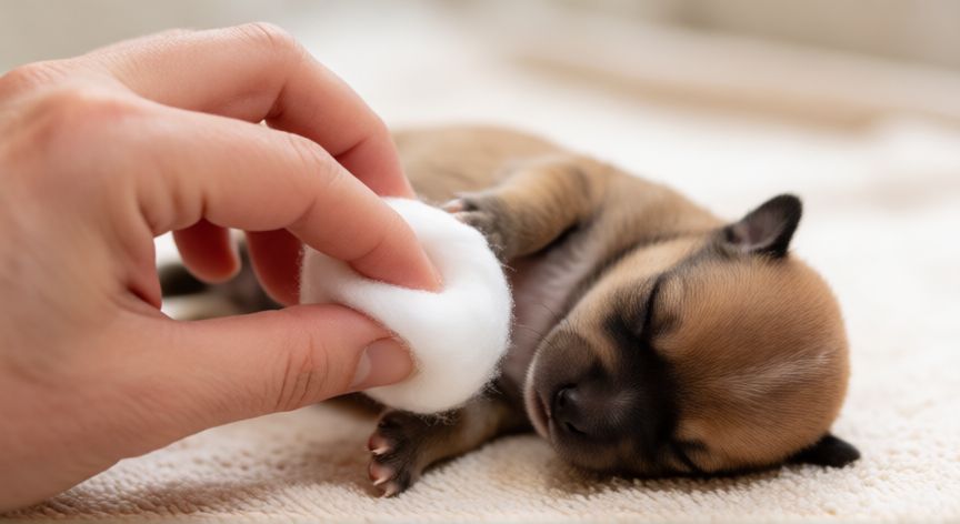 cuidados com filhote de cachorro recem nascido, Mano humana estimulando la zona abdominal de un cachorro con algodón tibio