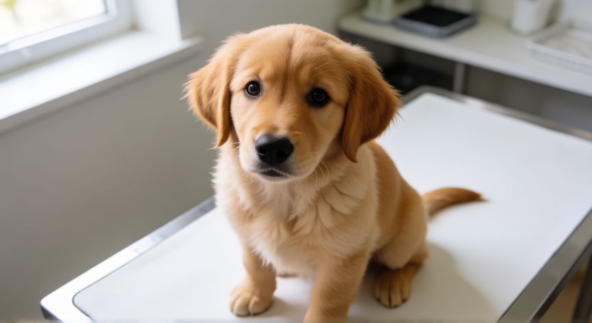 cuidados com filhotes de cachorro vacinas, Cachorro de perro en consulta veterinaria listo para su vacunación