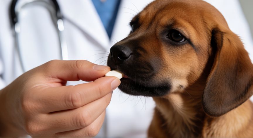 cuidados com filhotes de cachorro vacinas, Veterinario administrando desparasitante a un cachorro pequeño