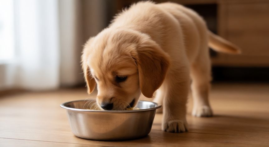 cuidados com o cachorro, Cachorro de golden retriever comiendo de un bol en casa