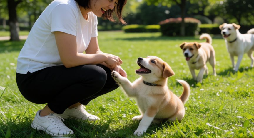 cuidados com o cachorro, Cachorro jugando con su dueño en un parque soleado