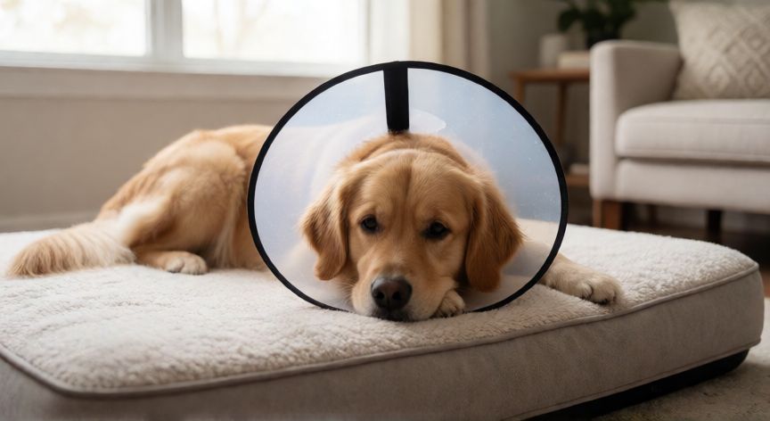cuidados com o cachorro apos a castraçao, Cachorro em repouso usando cone elizabetano após castração