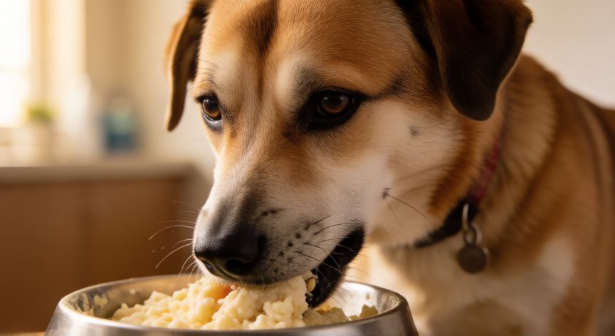 cuidados com o cachorro apos a castraçao, Cachorro comendo comida leve durante a recuperação pós-cirúrgica