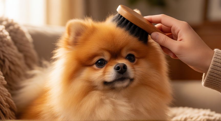 cuidados com o cachorro lulu da pomerânia, Cepillando el pelaje de un perro Lulu de Pomerania en casa