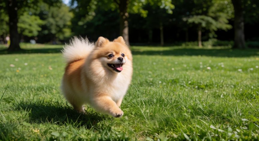 cuidados com o cachorro lulu da pomerânia, Perro Lulu de Pomerania jugando en el parque un día soleado