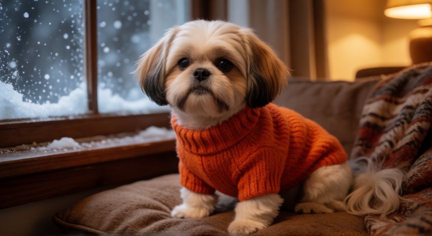 cuidados com o cachorro no frio, Cachorro de pelo curto usando suéter laranja em ambiente aquecido com neve lá fora