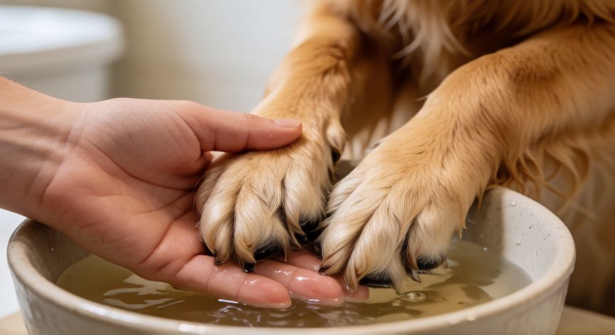 cuidados com o cachorro no frio, Mãos lavando as patas de um golden retriever com água morna para remover sujeira do frio