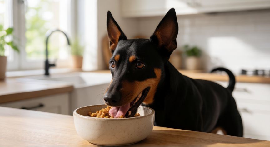 cuidados com o cachorro pinscher, Perro Pinscher Alemán comiendo en su cuenco en la cocina