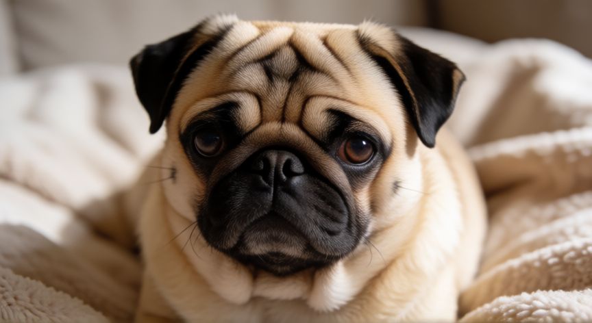 cuidados com o cachorro pug, Rostro de un perro Pug de color crema con pliegues faciales marcados y ojos expresivos