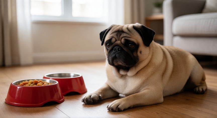 cuidados com o cachorro pug, Perro Pug descansando en el suelo cerca de sus cuencos de agua y comida en una sala de estar luminosa