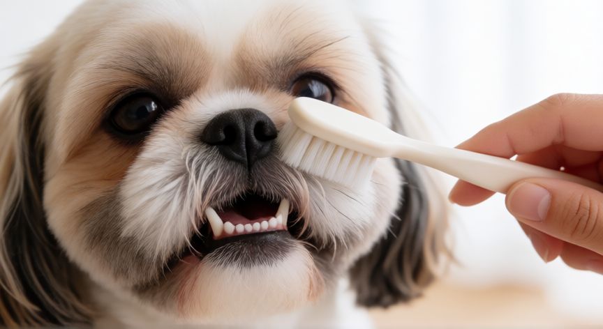 cuidados com o cachorro shih tzu, Cuidado dental de un Shih Tzu con cepillo suave