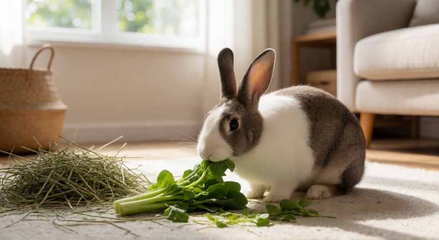 cuidados conejo mascota, Conejo mascota comiendo heno y verduras en la sala de estar