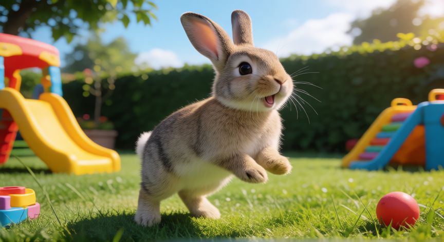 cuidados conejo mascota, Conejo saltando y jugando en un patio amplio con césped