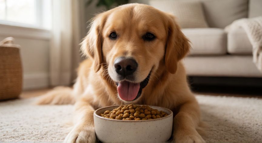 cuidados cuyos mascota, Perro feliz comiendo su comida en el salón de casa