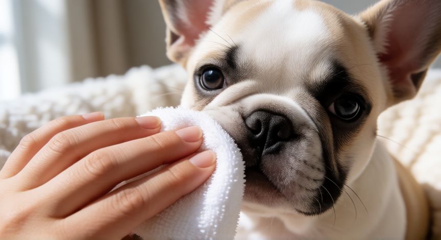cuidados de cachorro bulldog frances, Limpieza facial suave de un cachorro de bulldog francés con paño húmedo