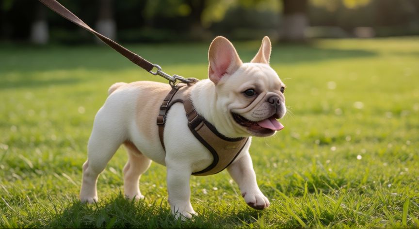 cuidados de cachorro bulldog frances, Cachorro de bulldog francés paseando con arnés anatómico en un parque