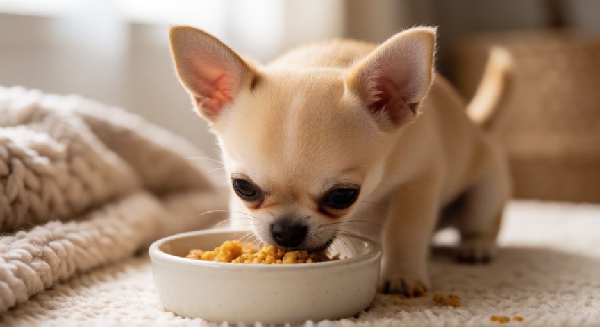 cuidados de cachorro chihuahua, Cachorro chihuahua comiendo de un cuenco pequeño