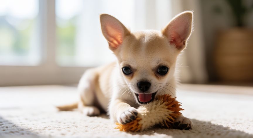 cuidados de cachorro chihuahua, Cachorro chihuahua jugando con un juguete en una habitación luminosa