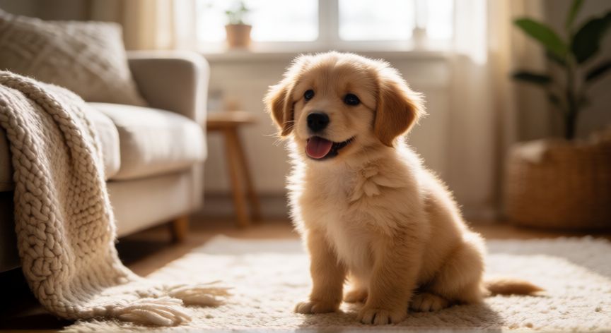 cuidados de cachorro filhote, Cachorro curioso en una sala de estar acogedora