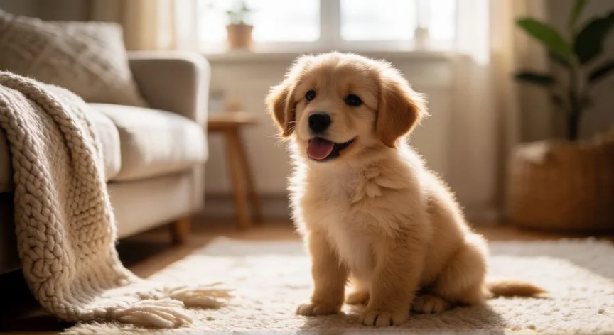 Cachorro curioso en una sala de estar acogedora