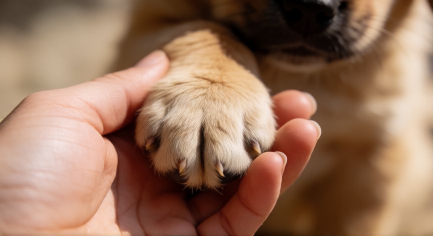 cuidados de cachorro filhote, Mano humana sosteniendo suavemente la pata de un cachorro