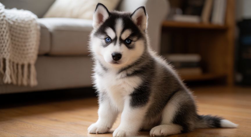 cuidados de cachorro husky, Cachorro de Husky Siberiano con ojos azules mirando curiosa en el suelo
